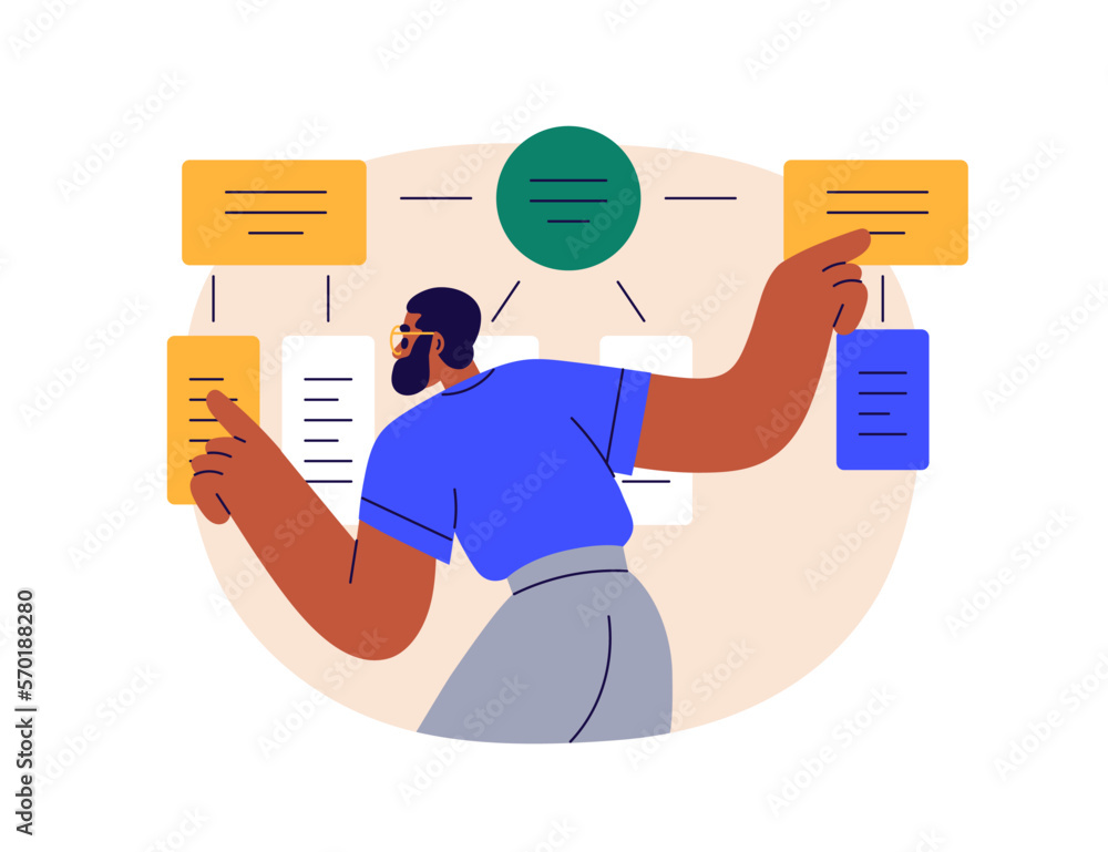 Poster Business flowchart. Man works with algorithm scheme, information structure, system. Data analysis, research concept, complex process flow chart. Flat vector illustration isolated on white background