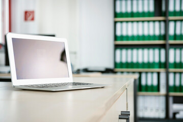 Empty office modern laptop computer shelves