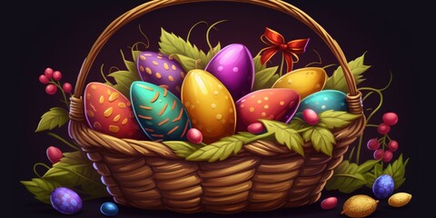 Obraz na płótnie Canvas Illustration of a basket full with bright Easter eggs. Generative AI