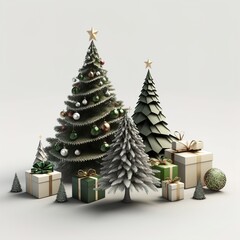Obraz na płótnie Canvas Merry Christmas and Happy New Year festive 3d composition with realistic Christmas trees, gifts box in snow drift, golden confetti. Xmas background winter nature, Holiday design. Generative AI