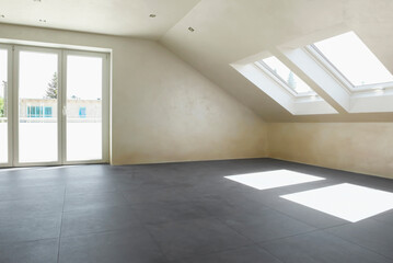 Empty room tiles floor door dormer window