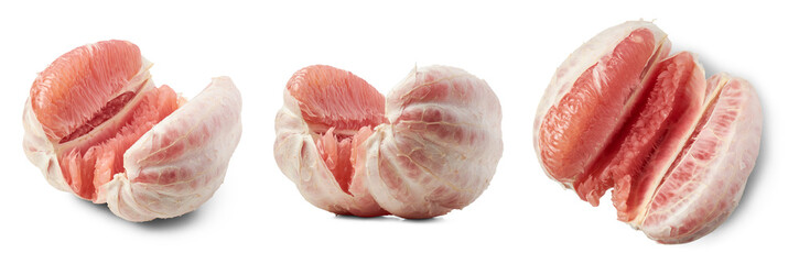 peeled pomelo fruits in different angles, citrus maxima, teardrop or pear shaped large asian citrus...