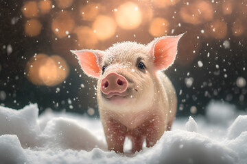 Portrait d'un bébé cochon sous la neige le jour de noël » IA générative