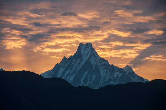 View of Machapuchare mountain at sunrise, Nepal