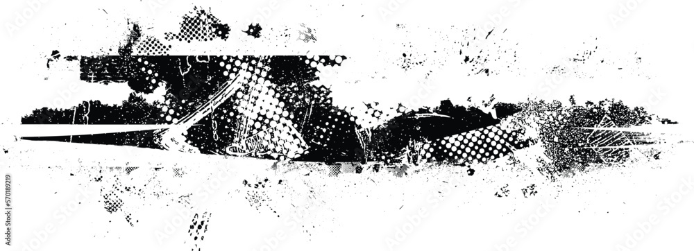 Poster Glitch distorted grungy banner . Noise destroyed background . Trendy defect overlay texture . Glitched collage .Grunge textured . Distressed effect .Vector shape.  halftone dots . Screen print texture