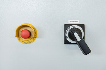 Close-up of emergency alarm with ON and OFF switch, Munich, Bavaria, Germany