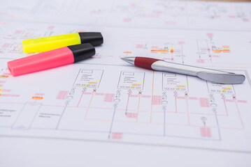 Pen and felt tip marker on electrical blueprint, Munich, Bavaria, Germany