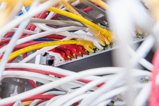 Ethernet lan cables connected to networking router, Munich, Bavaria, Germany