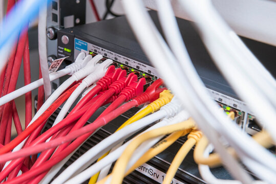 Ethernet lan cables connected to networking router, Munich, Bavaria, Germany