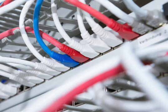 Ethernet lan cables connected to networking router, Munich, Bavaria, Germany
