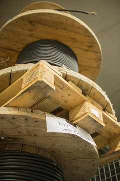 Low angle view of spool of electric cables, Munich, Bavaria, Germany