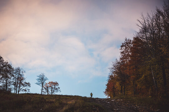 Man trail running in mountains during foliage season
