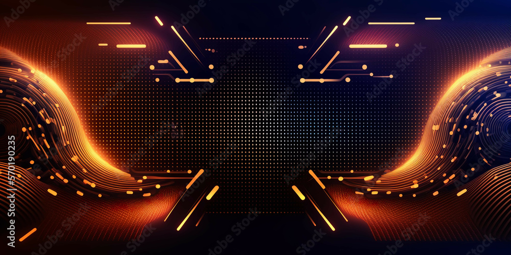 Poster a modern and edgy cyber-tech background, featuring glowing lines and dots arranged in a dynamic and 