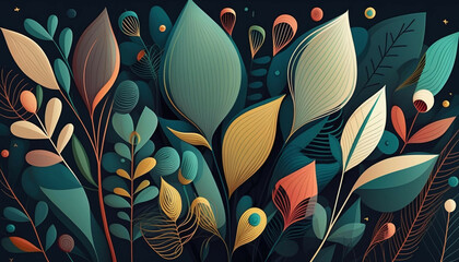 An elegant art deco design featuring lush, organic foliage and botanical elements, evoking the beauty and harmony of nature with a touch of vintage flair. Generative AI