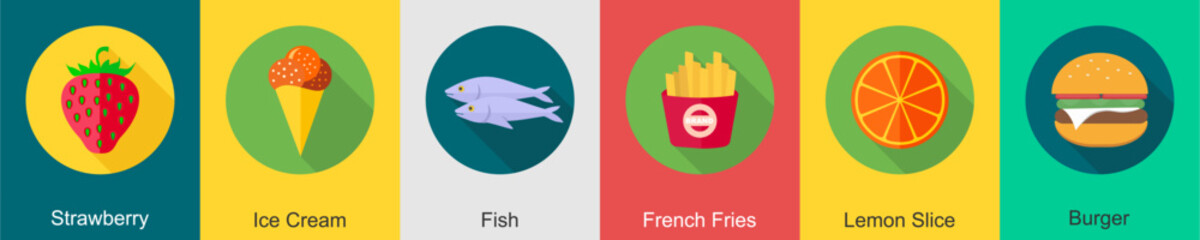 A set of 6 Food icons as strawberry, ice cream, fish
