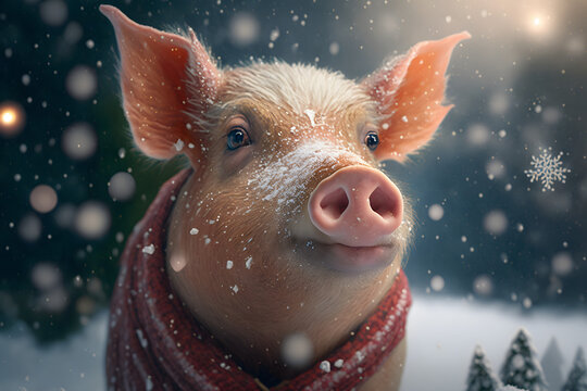 Portrait d'un cochon sous la neige le jour de no&euml;l &raquo; IA g&eacute;n&eacute;rative