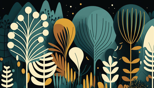 An elegant art deco design featuring lush, organic foliage and botanical elements, evoking the beauty and harmony of nature with a touch of vintage flair. Generative AI