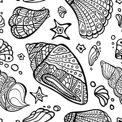 Polynesian shell random seamless pattern. Zen tangle conch endless texture. Sea irregular repeat boundless background. Tribal ocean surface design. Chaotic marine ornament for coloring book or fabric.