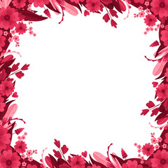 Magenta Floral Arrangements, Blank Template. Square Empty Frame with Blooming Flowers, Red and Pink Leaves and Hearts. Isolated vector clipart, illustration on white background