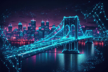 Smart city and big data concept. Futuristic cityscape at night with neon colors. City infrastructure hologram. Created with Generative AI