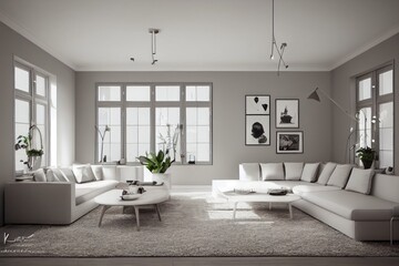 Naklejka na ściany i meble Stylish scandinavian composition of living room with design armchair, mock up poster frame, personal accessories in modern home decor. Generative AI.