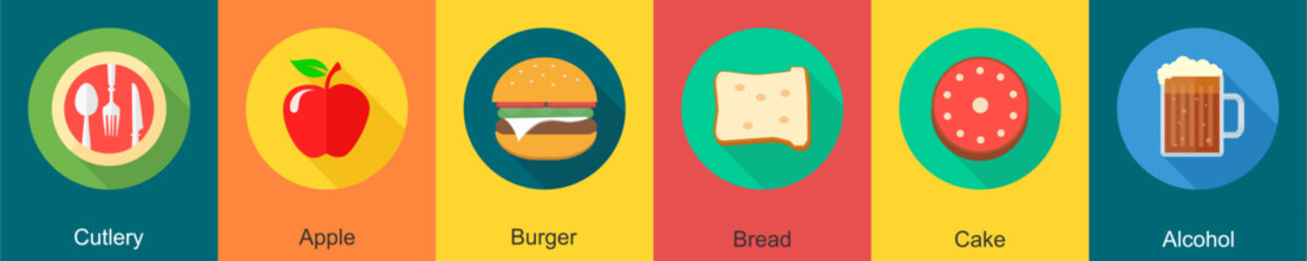 A set of 6 Food icons as cutlery, apple, burger