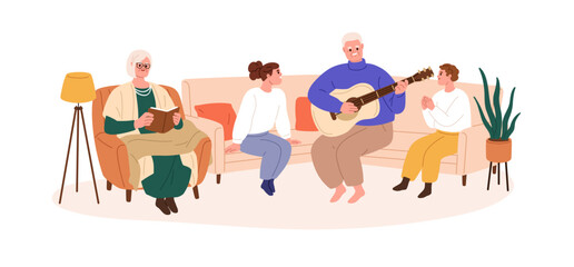 Senior grandparents and grandchildren at home. Elderly grandfather playing music on guitar for kids. Old and young generations of family together. Flat vector illustration isolated on white background