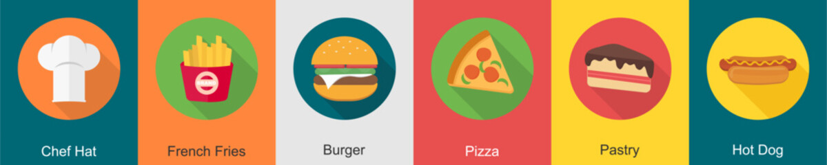 A set of 6 Food icons as chef hat, french fries, burger