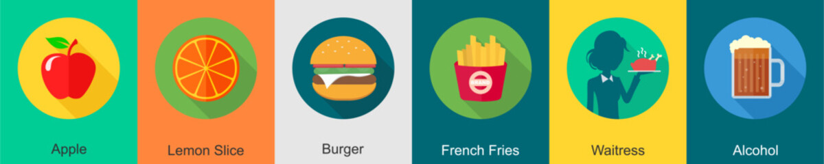 A set of 6 Food icons as apple, lemon slice, burger