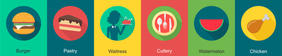 A set of 6 Food icons as burger, pastry, waitress