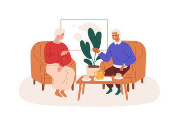 Old love couple relaxing with tea. Happy man and woman of senior age resting at home, talking. Elderly wife and older husband communication. Flat vector illustration isolated on white background