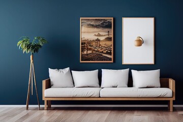 Mockup frame in interior background, room in warm tone, Scandi-Boho style, Generative AI