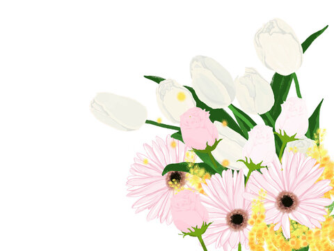 白いチューリップとピンクのバラとガーベラにミモザの花束をお祝いカードなどの素材として