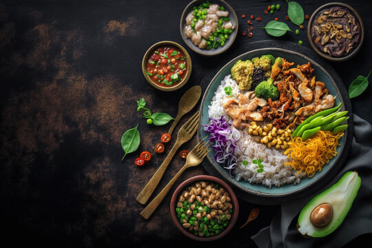 Vegan plant based asian food recipes with rice and brown rice as Asian Vegan Rice recipes plant - Generative AI