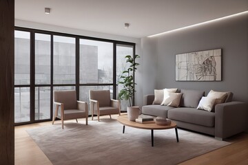 Elegant and comfortable designed living room with big corner sofa. Interior design modern apartment. Generative AI.