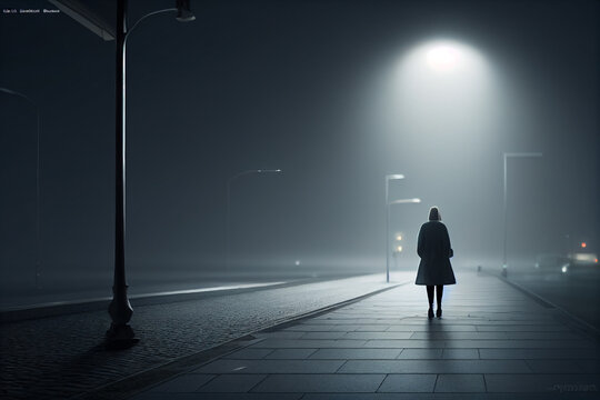 Woman Walking Alone In Foggy City At Night - Generative AI