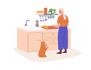 Old woman cooking at kitchen. Female character of senior age making homemade bakery, dish at home. Elderly person, grandmother cooks with cat. Flat vector illustration isolated on white background