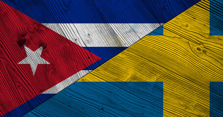 Background with Cuban and Sweden flag on wooden split board. 3d illustration