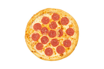 isolated pepperoni pizza for menu top view. Italian cuisine, fresh pizza. Top flat lay view.