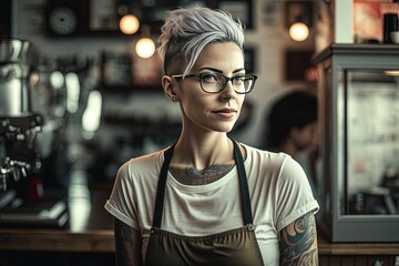 Fototapeta premium portrait of a woman face, hipster barista at coffee shop, Generative Ai not real person 