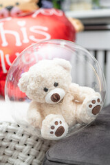 Cute teddy soft bear with red heart. Valentine's day or 8 March celebration