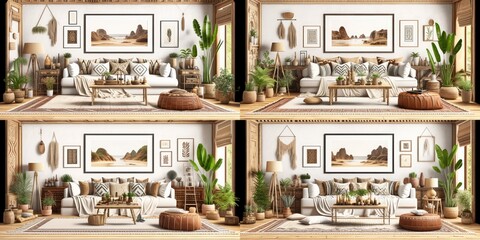 Fototapeta na wymiar Mockup frame in interior background, room in warm tone, Scandi-Boho style, Generative AI