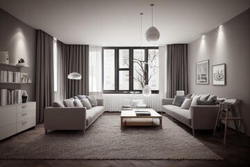 Fototapeta premium Elegant and comfortable designed living room with big corner sofa. Interior design modern apartment. Generative AI.