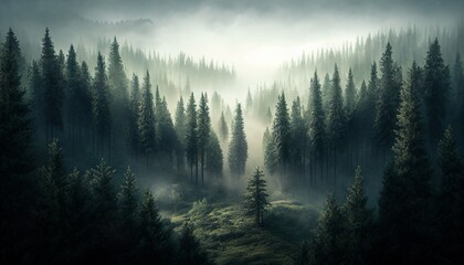 foggy forest landscape view from above