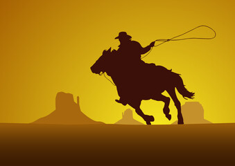 Rodeo competition tournament, sunset background. Vector poster cowboy and lasso on the horse in grand canyon - 570192846