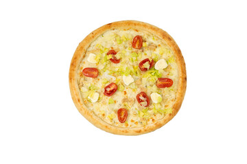 isolated ceaser pizza for menu top view. italian cuisine, fresh pizza. Top flat lay view.