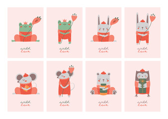 Set greeting card with cute cartoon illustrations of frog, bear, rabbit, owl with flower, jar, mail and text 