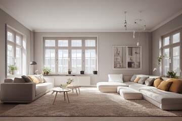 Fototapeta premium Stylish scandinavian composition of living room with design armchair, mock up poster frame, personal accessories in modern home decor. Generative AI.