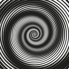 Abstract halftone pattern in the form of spiral. Vector halftone background for design banners, posters, business projects, pop art texture, covers. Geometric black and white texture.