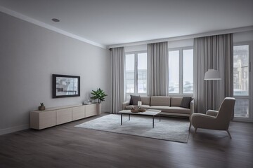 Fototapeta premium Elegant and comfortable designed living room with big corner sofa. Interior design modern apartment. Generative AI.